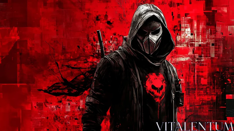 Masked vigilante in crimson chaos with a haunting heart emblem.
