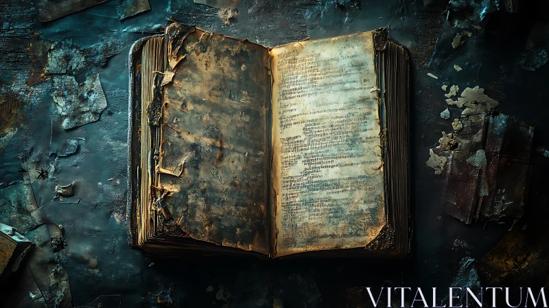 Decayed open book lies on worn surface under dim light