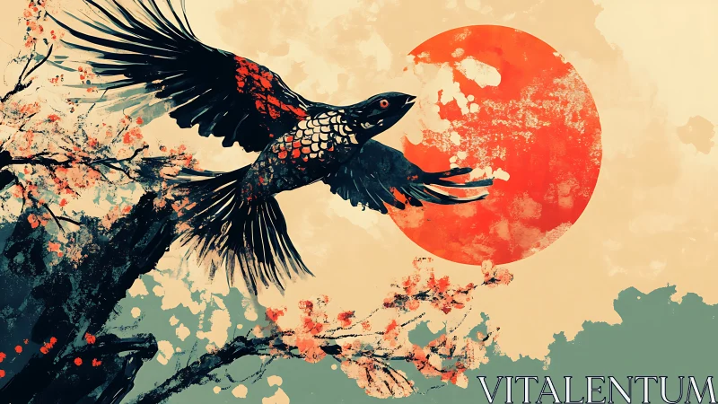Soaring black bird gliding past a glowing red sun.