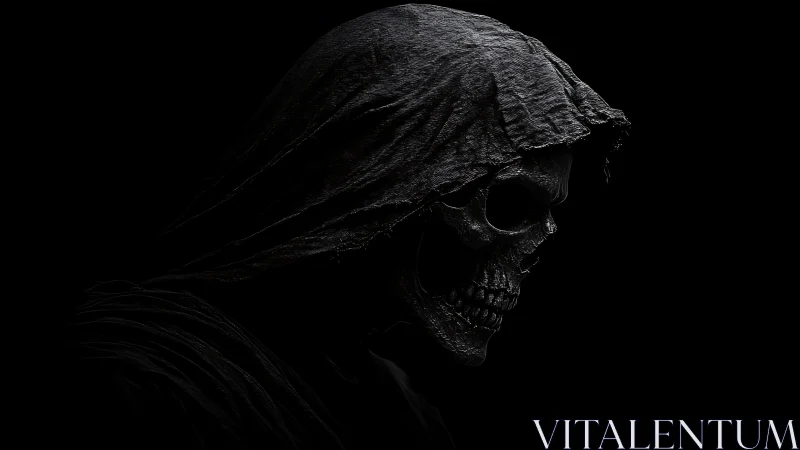 Hooded skeletal reaper emerges from darkness in stark profile