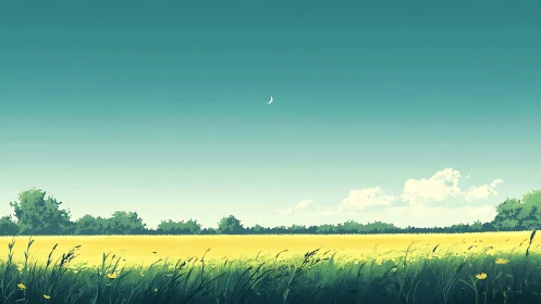 Crescent moon hangs above tranquil yellow summer meadow