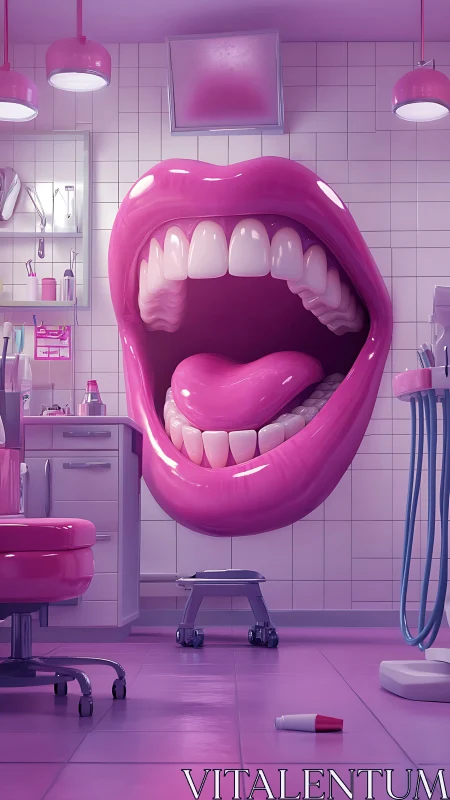 Giant glossy pink mouth dominates surreal dental clinic wall.