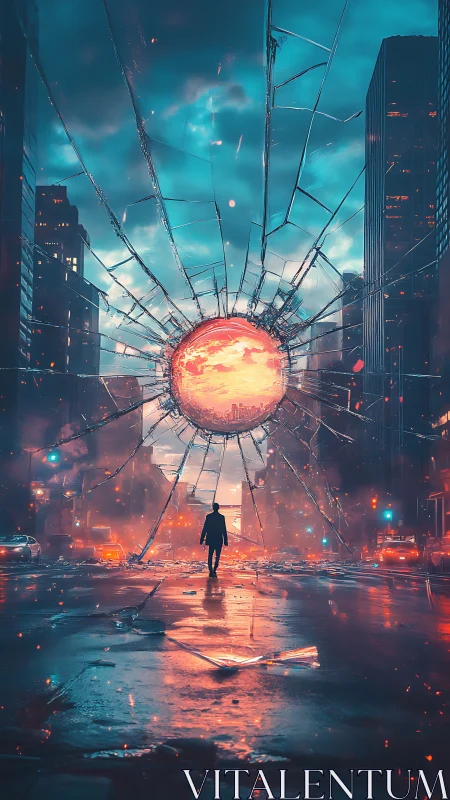 Silhouetted figure walks toward blazing portal in shattered city