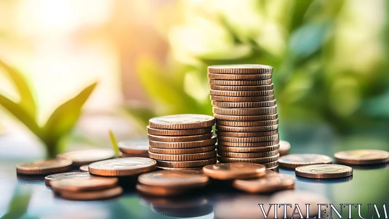 Stacked coins are positioned on reflective surface outdoors
