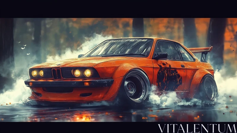 Orange drift car slicing through misty autumn forest road.