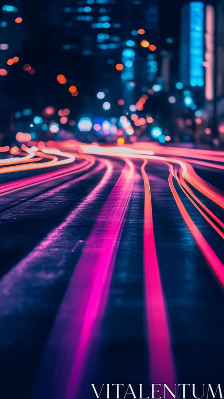 Long-exposure neon light trails carve curved paths through city