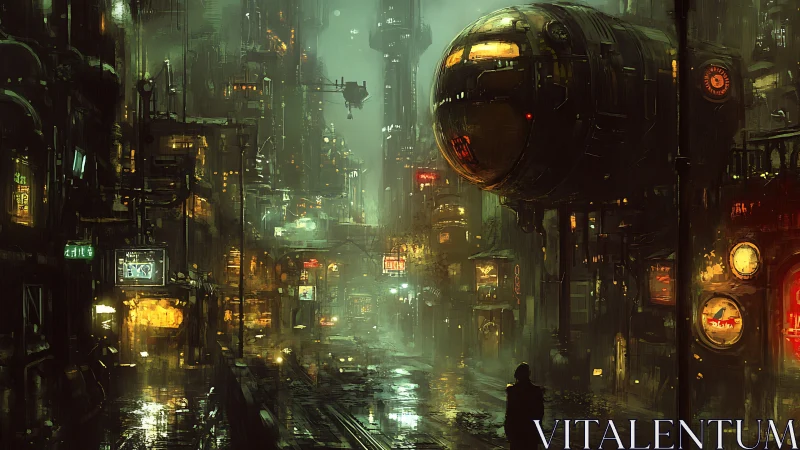 Neon-drenched rain alley with orbital tram in cyberpunk dusk.