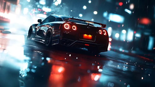 Sports car drives through wet neon city street at night.
