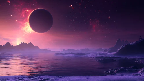 Gentle alien seascape under a glowing eclipse sky.