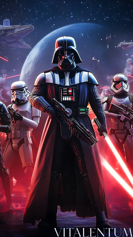 Dark armored leader commands troops in neon-lit space battle.