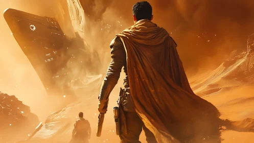 Armed desert wanderer crossing storm toward crashed starship