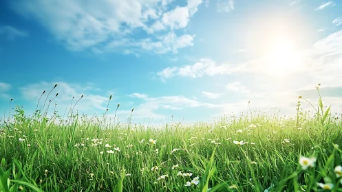 Sunlit wildflower meadow under expansive blue spring sky.