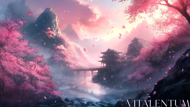 Atmospheric valley temple under volumetric light and sakura bloom