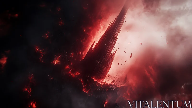 Dark volcanic spire rising through dense red smoke.