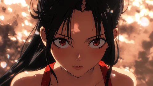 Cinematic anime close-up with dramatic bokeh lighting focus.