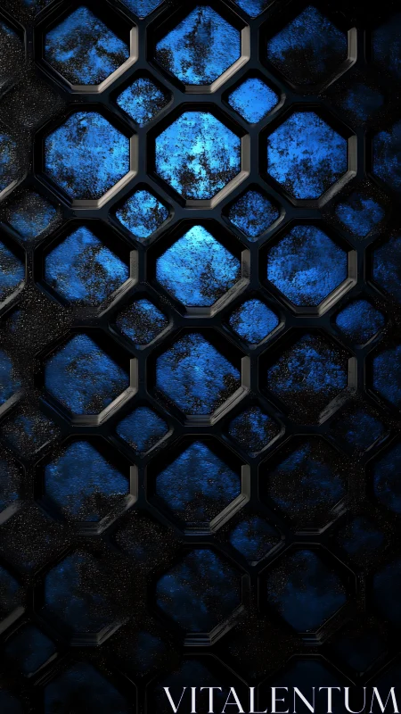 Blue hexagonal metal grid shows worn textured surface