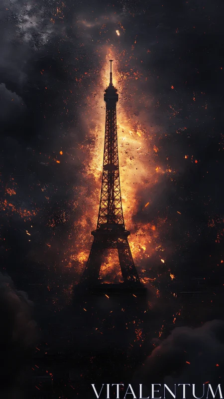 Eiffel Tower Silhouette Engulfed in Dynamic Pyrotechnic Particle Combustion