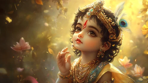 Golden child of light in a dreamlike sacred garden.