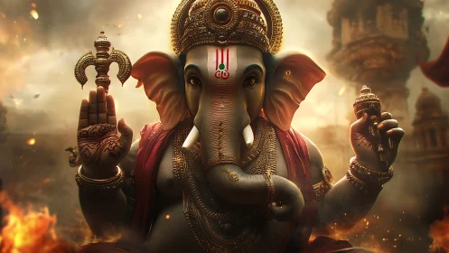 Divine Ganesha idol radiates power amid burning temple courtyard
