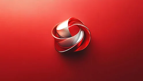 Abstract red and white twisted ribbon shape on vibrant background.