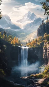 Cascading alpine waterfall anchors a luminous glacial valley