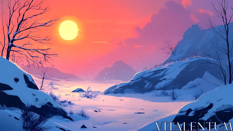 Radiant winter sunset illuminates stylized alpine valley