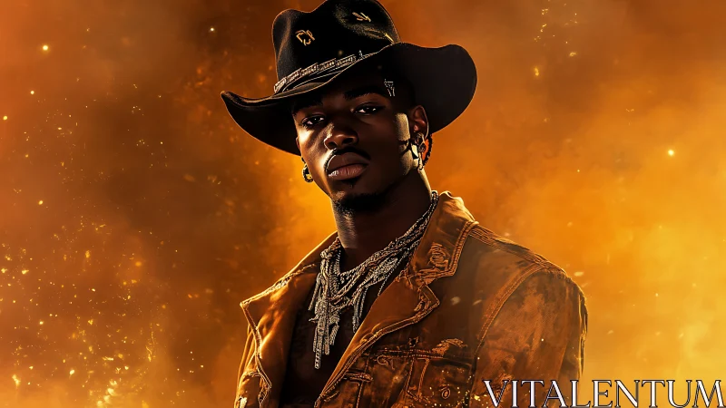 Cowboy portrait glows within molten gold haze background.
