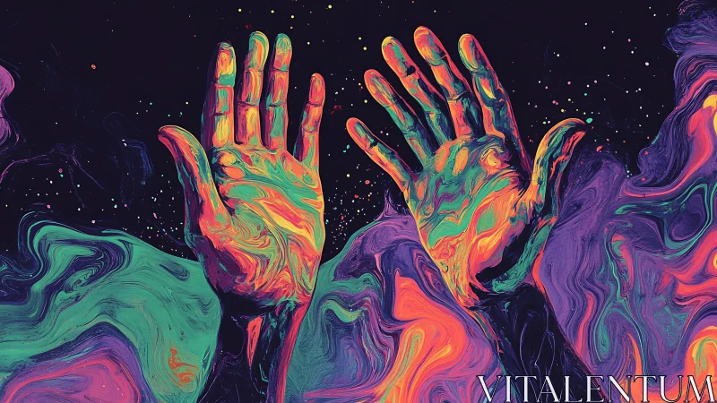 Two raised hands rendered in multicolored fluid patterns