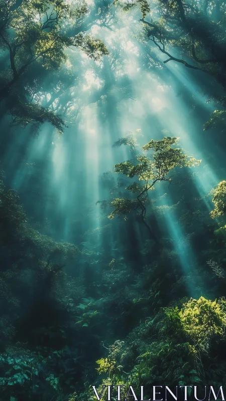 Luminescent Forest Cathedral: Volumetric Light Through Canopy.