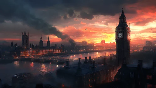 Sunset smoke over London’s riverfront and clocktower skyline.