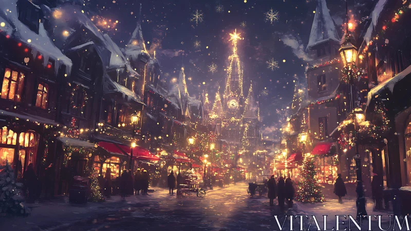 Snowlit old-town boulevard shimmers beneath festive constellations