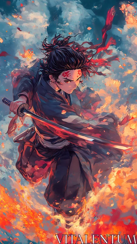 Blazing skyward swordsman dancing through storm and fire.