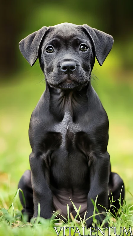 Black puppy sits alert on grass with soft green bokeh background.
