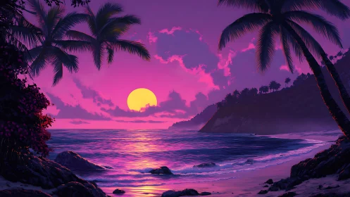 Neon tropical sunset over palm-framed violet shoreline.