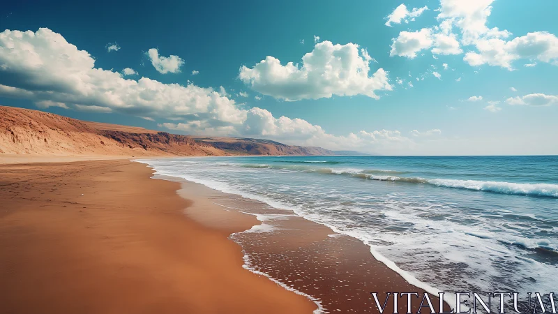Golden shoreline curves beneath bright clouds and teal sea