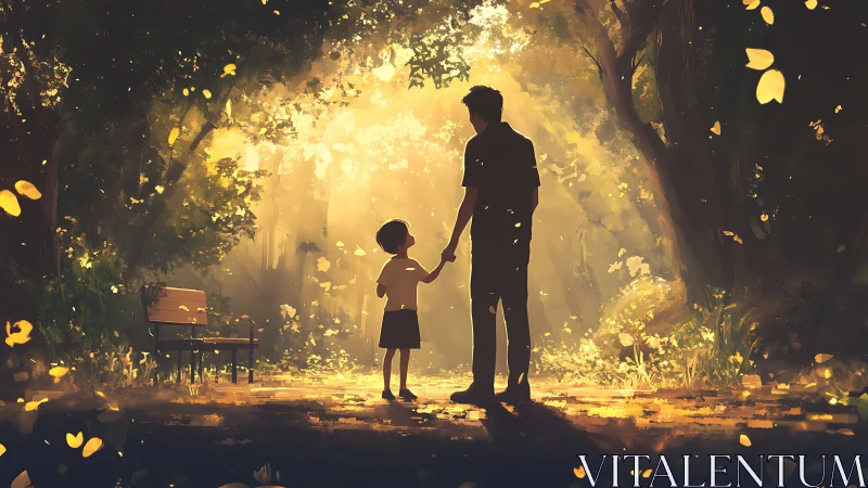 Parent and child share golden memories in a glowing forest