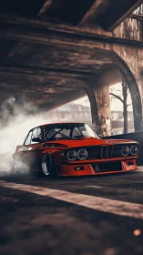 Roaring red classic BMW drifts through a smoky city underpass