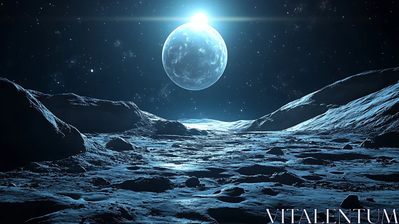 Lunar horizon under radiant blue planet and stellar backlight.