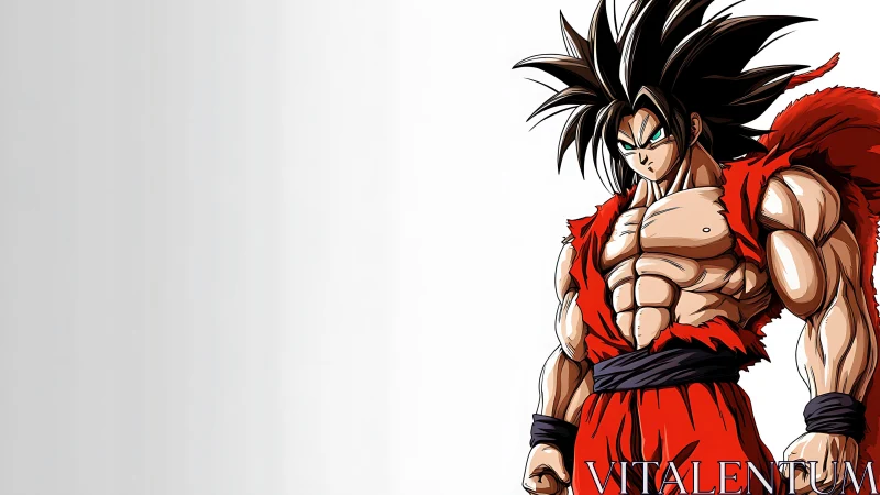 Scarlet-clad anime warrior with spiked hair stands poised.