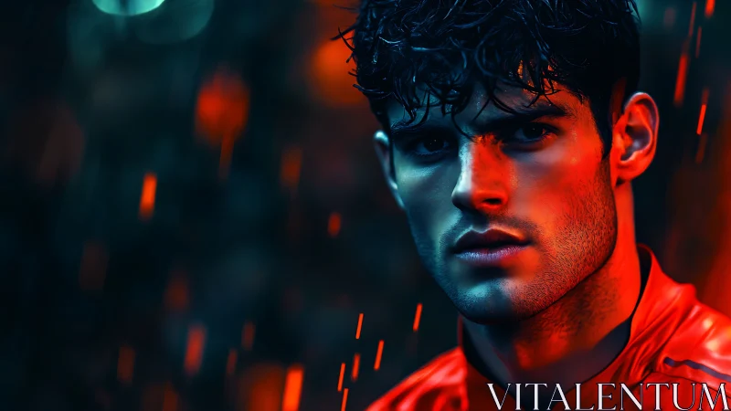 Moody neon portrait of a determined young man in the rain.