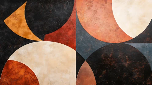 Geometric arcs overlay textured metallic surfaces in warm quadrants