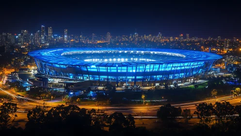 Illuminated urban stadium with surrounding city skyline at night.
