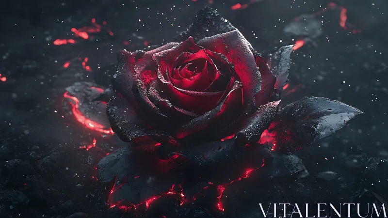 Volcanic-charred crimson rose amid incandescent embers.