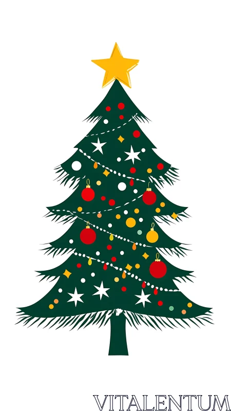 Christmas tree illustration shows decorated evergreen with star