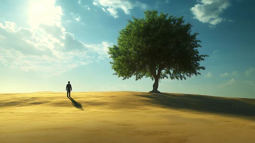 Solitary human silhouette approaching lone desert oasis tree
