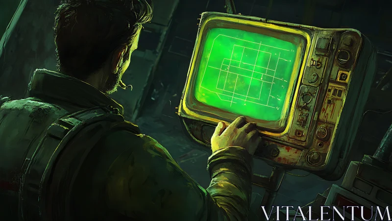 Man studying glowing radar screen in dim control room.