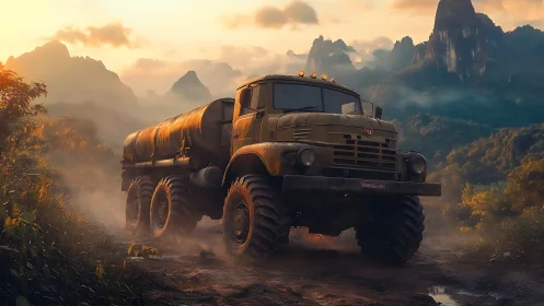 Heavy military tanker climbs muddy trail in misty mountain pass