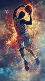 Dynamic basketball dunk rendered in high-contrast digital painting