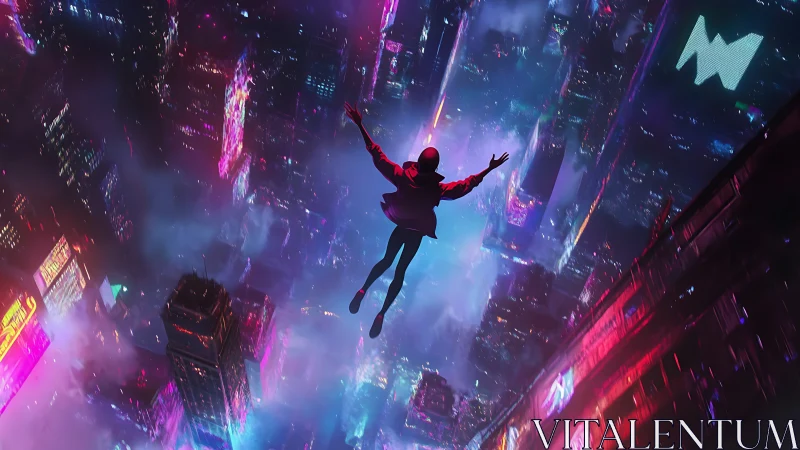 Solitary figure dives through neon cyberpunk cityscape.