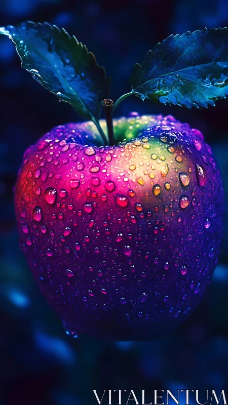 Macro closeup of iridescent dew covered apple under neon light